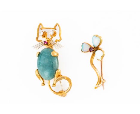 TWO GOLD AND GEM SET BROOCHES (2)Including an 18ct gold, diamond and gem set brooch designed as a cat having diamond set eyes