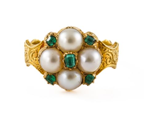 A GEORGIAN PEARL AND EMERALD RINGWith floral motif of pearls and square and emerald cut emeralds, with a a carved band and gl