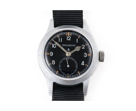 A JAEGER LE COULTRE MILITARY GENTLEMAN'S WRISTWATCHSteel backed, base metal fronted, the black dial signed Jaeger Le Coultre,