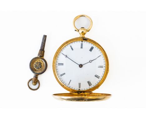 A LADY'S GOLD CASED, KEY WIND, HUNTING CASED FOB WATCH WITH A KEY (2)With an unsigned jewelled cylinder movement, gold inner 