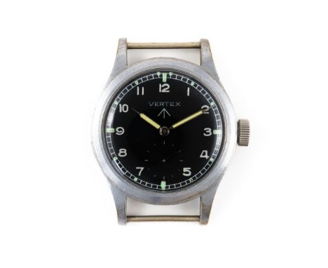 A STEEL BACKED AND PLATED BASE METAL FRONTED VERTEX MILITARY WRISTWATCHWith black face signed Vertex with arrow and subsidiar