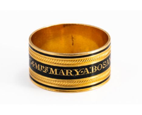 A GEORGE III 18CT GOLD AND BLACK ENAMELLED MOURNING BAND RINGDetailed MRS MARY.A. BOSANQUET.OB;28.APR;1819.AE;43, London 1818