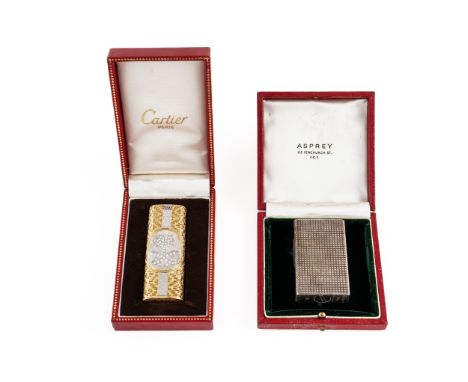 A GOLD AND DIAMOND SET LIGHTER AND ANOTHER LIGHTER, BOTH BOXED (4)Comprising a curved rectangular two colour gold and diamond