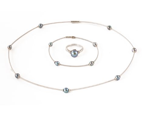 MAPPIN AND WEBB SUITE, BOXED (4)Comprised of a necklace and bracelet intermittently set with 5.3mm grey pearls in 18ct white 