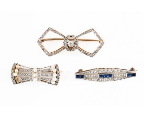 THREE DIAMOND BROOCHESIncluding two bow motif brooches, one set with old and rose cut diamonds, 3.6cm in length, the other wi