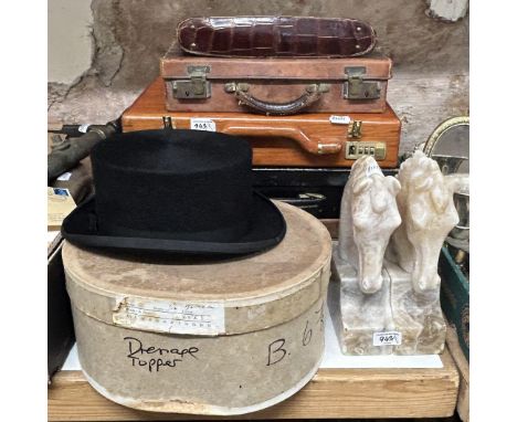 A vintage briefcase, a top hat, a pair of onyx bookends, in the form of horses, and assorted other items (qty)