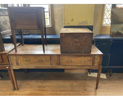 A mahogany square cased piano, converted to a side table, 165 cm wide, a pot cupboard and a trunkThe pot cupboard with legs:D