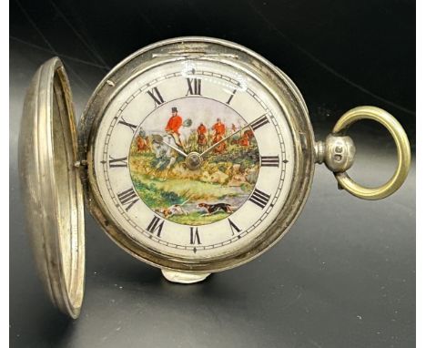 An early Victorian silver full hunter pocket watch, dial decorated hunting scene, having a fusee movement, 5.5 cm diameter Pr