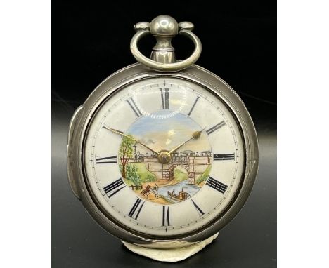 A George III silver pair cased pocket watch, the enamel dial decorated a steam train on a viaduct, with a fusee movement sign