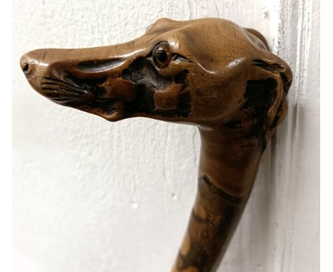 An early 20th century novelty walking stick, handle in the form of a greyhound, with glass eyes, 88 cm  Provenance: Part of a