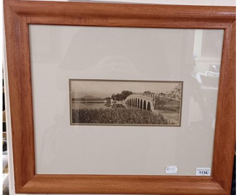 A photograph, Chinese landscape, with a bridge, 10 x 16 cm, and another similar, of a bronze bull, 27 x 12 cm, Emma B, a cock