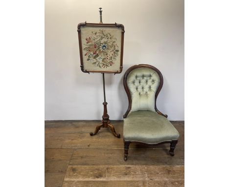 A 19th century mahogany pole screen, and a Victorian style button back chair