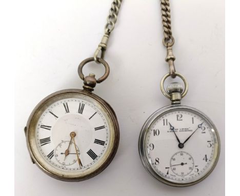 A silver open face pocket watch, with an Albert, a silver plated open face pocket watch, with a silver Albert (2)