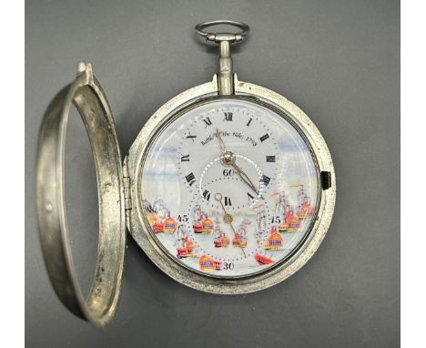 A William IV silver pair cased pocket watch, the conjoined dials showing hours and seconds, decorated the battle of the Nile,