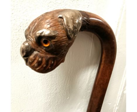 A late 19th/early 20th century novelty walking stick, the handle carved in the form of a bulldog's head, with silver coloured