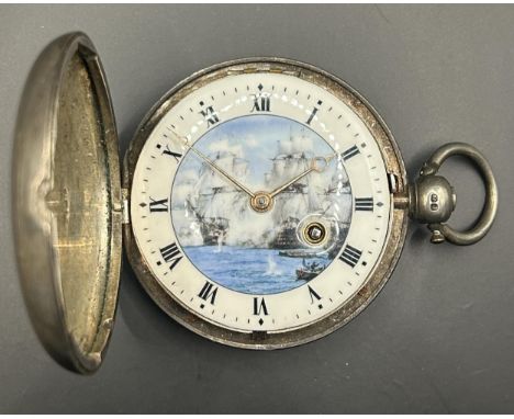 A George III silver full hunter pocket watch, dial later decorated naval battle scene, with a fusee movement signed Des. Gran