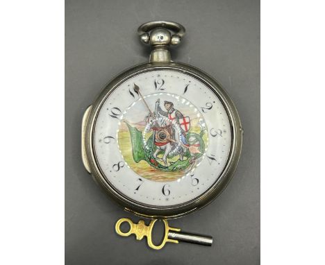 A William IV silver pair cased pocket watch, with a later painted dial decorated George and the Dragon, the fusee movement si