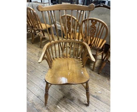 A pine swivel chair, an X framed chair and an armchair (3)