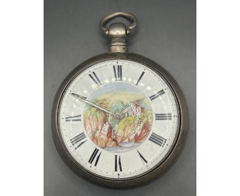 A Victorian silver pair cased pocket watch, the painted dial decorated landscape with fisherman, with a fusee movement, Birmi