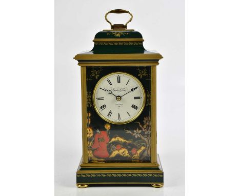 KNIGHT &amp; GIBBINS, LONDON; a green lacquered chinoiserie decorated mantel clock, with white dial set with Roman numerals, 
