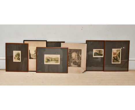 Eight assorted engravings including a pencil signed etching by Joseph Kirkpatrick depicting horses in landscape, 13 x 18cm, a