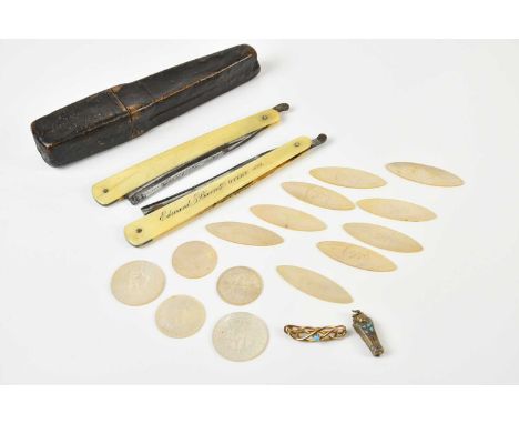 EDWARD BARRETT, OTLEY; an early 19th century two piece cut-throat razor set, assorted Chinese mother of pearl gaming counters