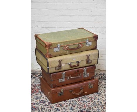 Four vintage suitcases including a green canvas example with leather trimming, an Over Pond example, etc (4).