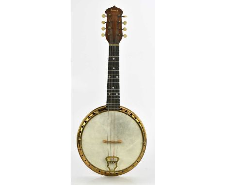 SUNRAY; an early 20th century rosewood and brass bound banjo mandolin, with pink enamelled back, cased.