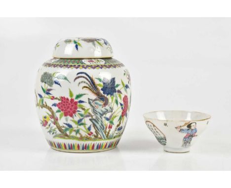 A Chinese porcelain Famille Verte ginger jar and cover, decorated with peacock amongst foliage, bearing six character and dou