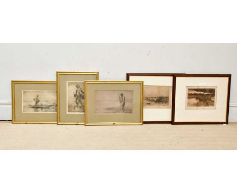 M NIMMO MORAN; etching, Dutch scene of river and windmill, together with similar example and three etchings of hunters, large