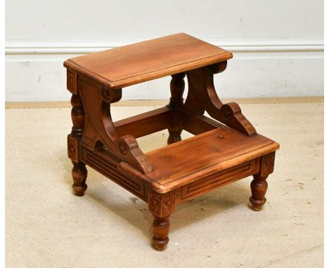 A set of reproduction carved hardwood library steps, on turned column legs, height 40cm.Condition Report: Top step width 42cm