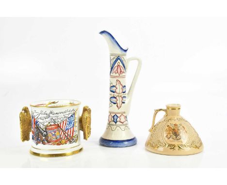 BURSLEY WARE; a Charlotte Rhead  ewer with tube lined decoration, height 33cm, and a Salem China twin handled commemorative c