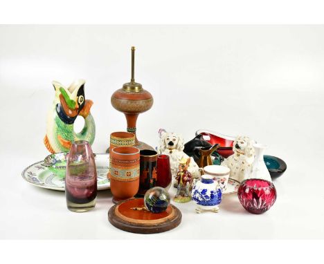 A collection of early 20th century and later ceramics and glass, including Royal Doulton Bunnykins, gargoyle jug, Samuel Alco