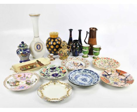 A collection of 19th century and later ceramics including a pair of Delft tin glazed earthenware plates, Royal Doulton jug wi