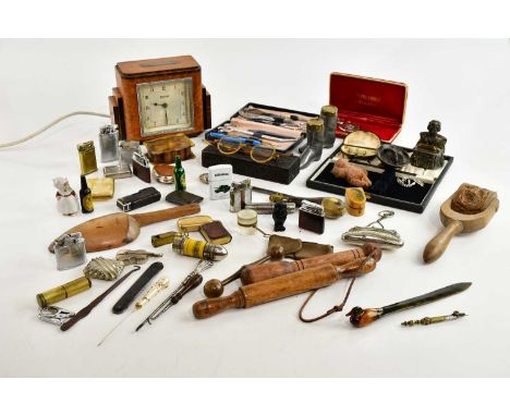 An assortment of collectors' items including a 1930s walnut mantel clock, inscribed 'Ferranti' to the dial, faux tortoiseshel