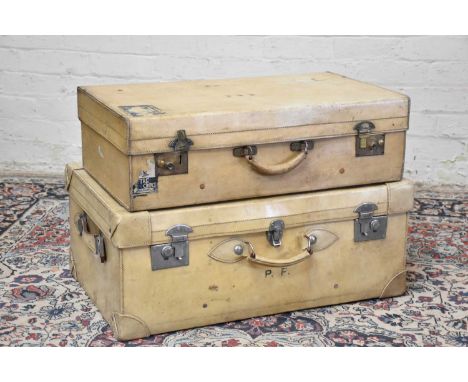 Two vintage vellum suitcases including an example with initials 'CEF' and remains of vintage label 'Palace Hotel, Merano, Ita