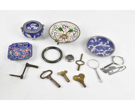 A collection of cloisonné items including dish, bowl, ashtray, with a green hardstone bangle, clock keys, compass, etc (qty).