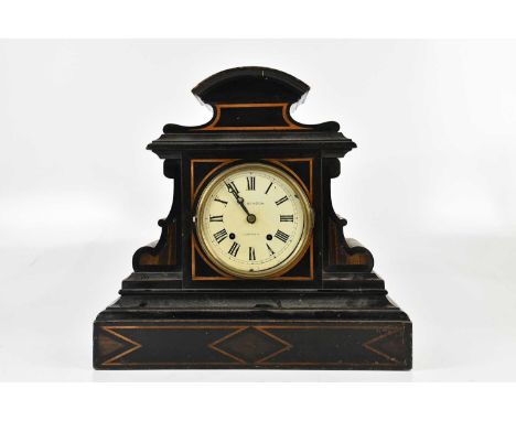 A Victorian inlaid and ebonised slate effect mantel clock, the painted dial set with Roman numerals and signed 'J W Benson, L