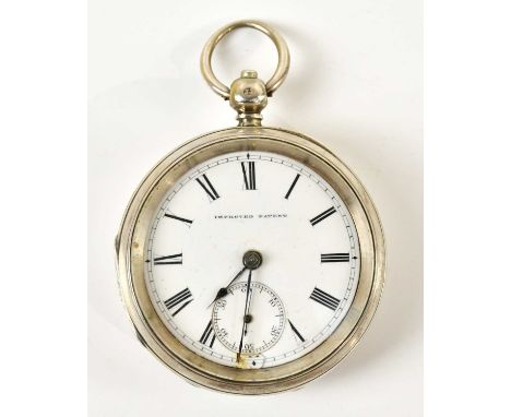 A Victorian hallmarked silver key wind open faced pocket watch, the enamel dial set with Roman numerals and subsidiary second