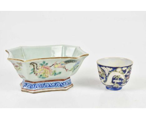 A late 19th century Chinese Famille Rose bowl of shaped rectangular form, decorated with pheasants and birds and floral detai