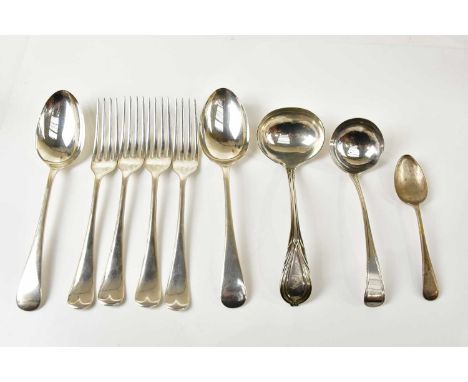 SOLOMON HOUGHAM (PROBABLY); a William IV hallmarked silver sauce ladle, 1833, four hallmarked silver forks, two spoons, sauce