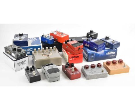 A collection of effects pedals comprising of Boss RC-2, MXR Custom Badass '78 Distortion, TC Electronic Magus Pro, Behringer 