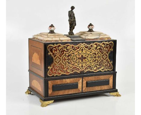 A late 19th century and later ebonised and Boulle work inkstand/tea caddy, the central detachable cover with bronze maiden fl