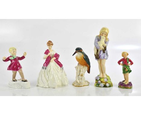 ROYAL WORCESTER; five ceramic figures and models including 'Spring', 'January' and a model of a kingfisher (5).