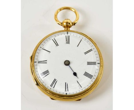 An 18ct gold yellow gold key wind open faced pocket watch, the enamel dial set with Roman numerals, diameter 40mm, approximat