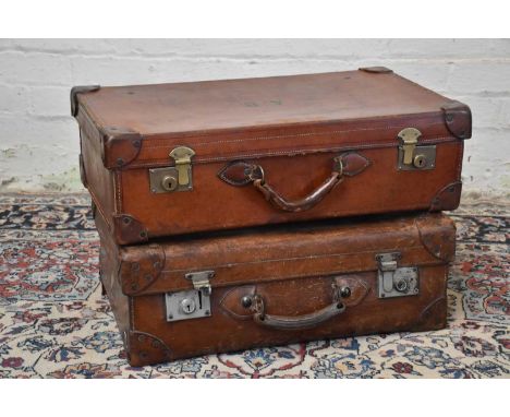 Two vintage leather suitcases, one example with initials 'A.B', width 66cm (2).