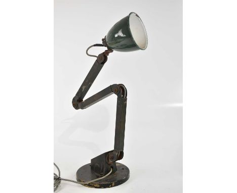 An industrial metal Anglepoise type lamp with green enamel shade, height 50cm.Condition Report: The item or items in this lot
