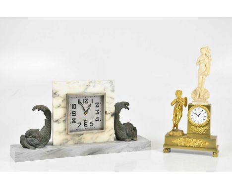 A 19th century and later gilt metal timepiece, with later marble effect figure of a scantily clad maiden above the enamel dia