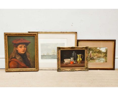 † ANDRAS GOMBAR; oil on board, still life, signed, 28 x 38cm, oil on canvas, portrait of a young girl with red cap, initialle