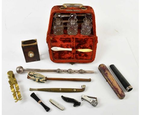 An assortment of collectors' items including a faux tortoiseshell and brass matchbox holder, with cameo style roundel, a vani